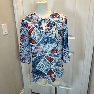 Chicos Patchwork Floral Print Tunic Top 3/4 Sleeve Tie Neck Women's Size L